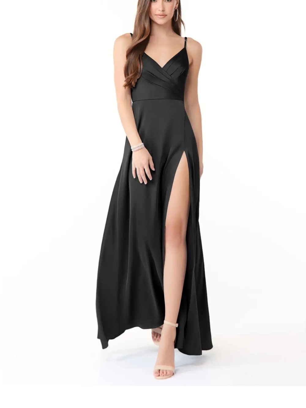 Azazie Black V-Neck Spaghetti-Strap Maxi Dress with High Thigh Slit